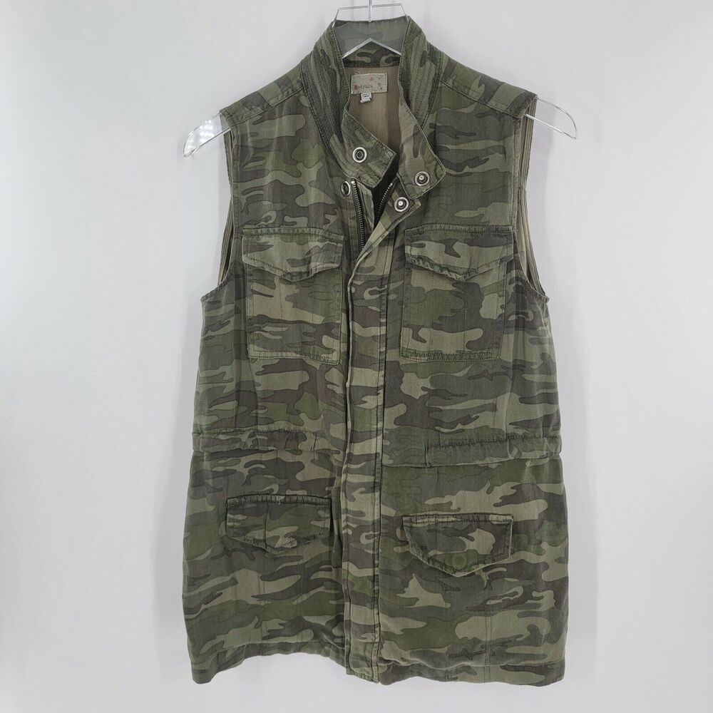 Sady & Lu Vest Women's Small Camouflage Green Button Zip Up Linen Blend